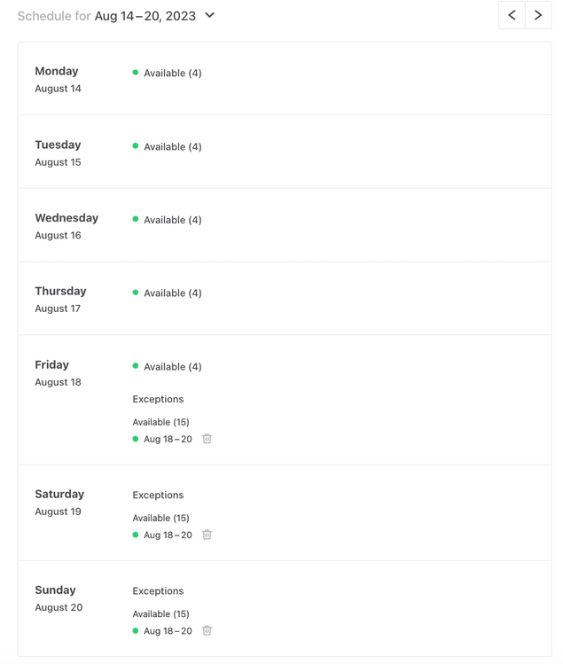 Full availability calendar with seats